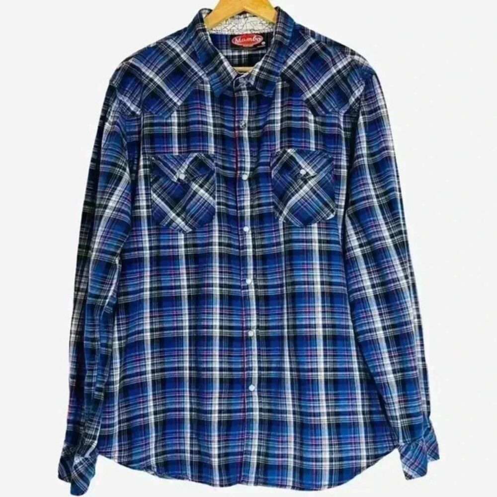 Mambo Mens Blue Plaid Snap Button 100% Cotton Button Down Shirt Size XL